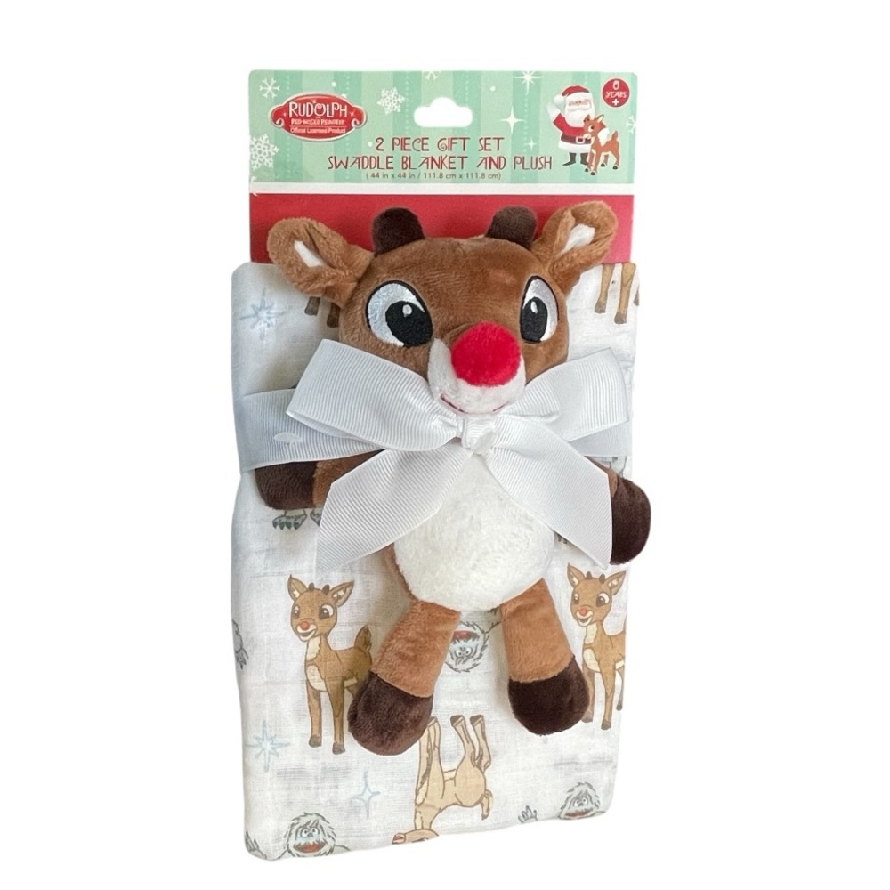 Rudolph Baby Swaddle Blanket & Plush  Muslin Christmas Gift Reindeer Infant NEW
